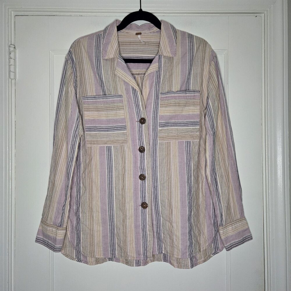 Free People Striped Button Down Shirt Womens XS Beige Purple Boho Top